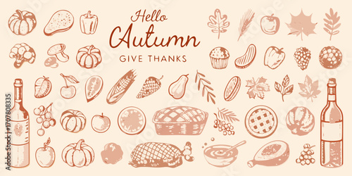 Hello autumn give thanks hand drawn illustration featuring seasonal harvest foods and fall leaves