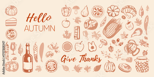 Hello autumn give thanks fall harvest elements collection with pumpkins apples corn and leaves