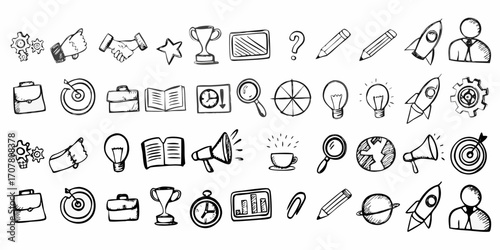 Collection of hand drawn business icons representing success ideas teamwork and strategy