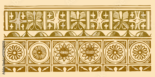 Antique decorative border design with floral and geometric motifs in earth tones