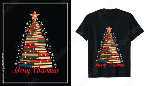 Merry Christmas Book Tree T-Shirt Design Holiday Library Gift for Readers