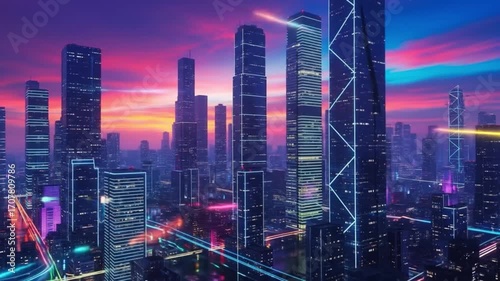 Neon Cityscape Futuristic Skyline, Glowing Towers, Night City, Sunset Hues