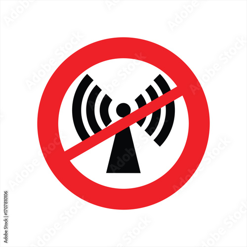 A red circle with a diagonal line through it, indicating a prohibition, superimposed over a black silhouette of a radio tower emitting waves.