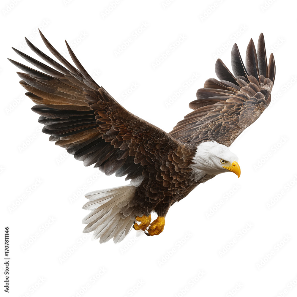 Obraz premium Majestic Bald Eagle Soaring with Wings Extended and Talons Forward in Flight PNG No Background