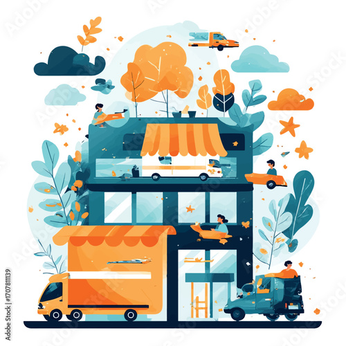 Urban Local Business Ecosystem with Delivery Trucks and People