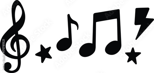 Musical notes stars and lightning bolt illustration on transparent background