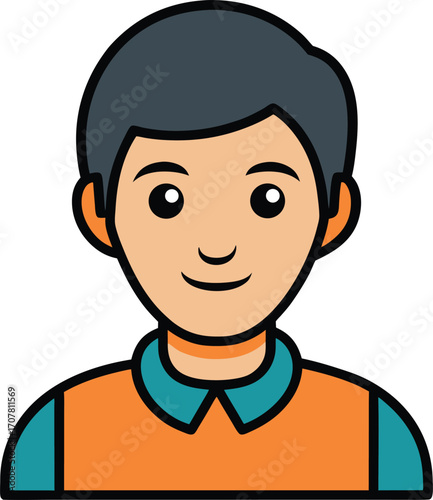 Young Man Portrait with Short Black Hair, Isolated Illustration