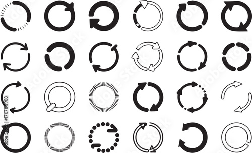 Collection of 20 circular refresh and reload icons with varied arrow designs silhouette