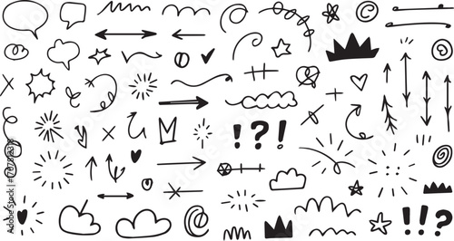 Collection of hand drawn doodle elements symbols arrows and icons for creative design projects silhouette