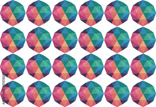 Twenty vibrant spheres with colorful swirls arranged in a grid pattern silhouette