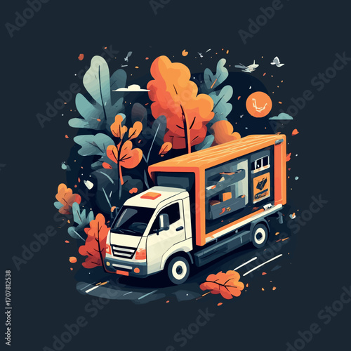 Stylized vector illustration of a delivery truck on a road surrounded by vibrant orange and blue autumn foliage