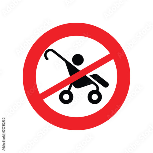 No strollers allowed sign with a red circle and diagonal line over a stroller icon.