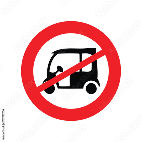 Prohibition sign for auto-rickshaws or tuk-tuks, a red circular symbol indicating no entry or restriction for three-wheeled vehicles.
