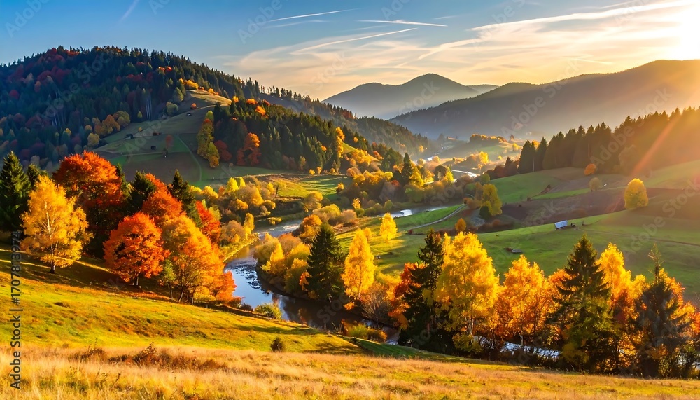 Naklejka premium Scenic autumn hills with colorful trees and winding river under a bright sunset sky