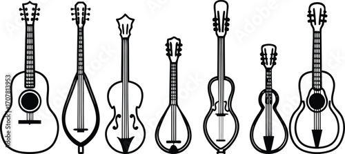 Assortment of String Instruments Vector Graphic Line Art Acoustic Guitars Mandolin Violin Bouzouki and Ukulele in Black and White