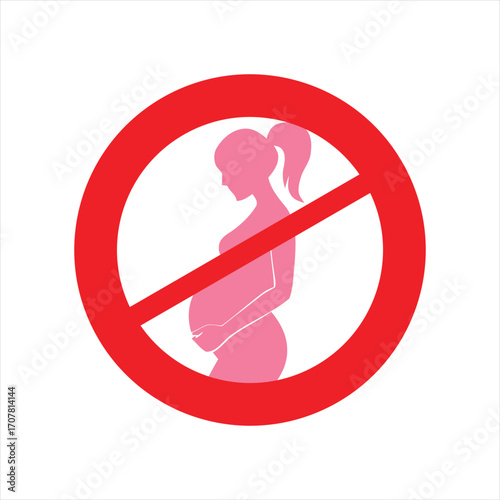 Red prohibition sign with a pink silhouette of a pregnant woman, indicating a warning or restriction related to pregnancy.