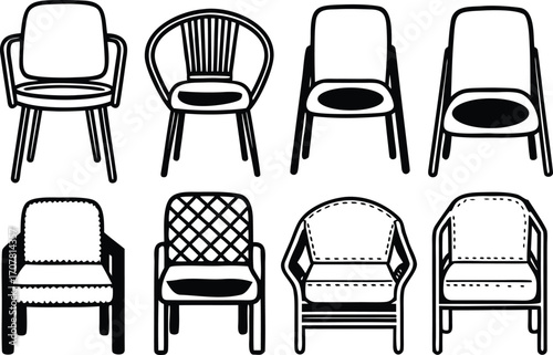 Black and White Chair Collection Vector Illustration Showing Variety and Style Furniture Designs for Home Decor and Interior Design Projects