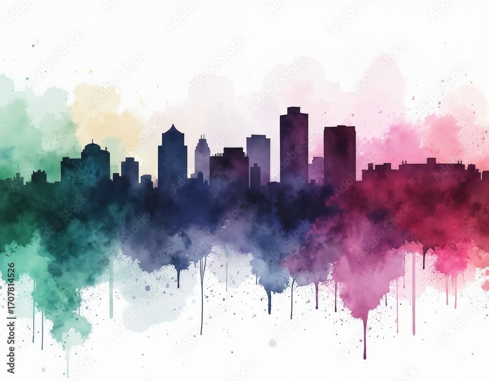 Fototapeta premium Watercolor illustration Norfolk skyline in watercolor background. Silhouette city buildings against colorful watercolor splash. Abstract cityscape art with grunge texture. Bright illustration.