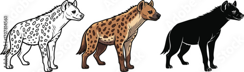 Hyena in outline, color, and silhouette wildlife illustration