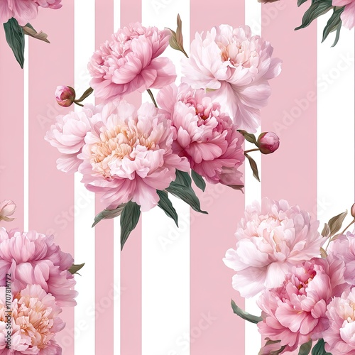 Pastel pink peonies on striped background
