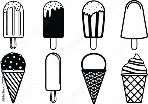 Black and White Ice Cream Collection Graphic Set for Summer Treats and Fun Dessert Designs
