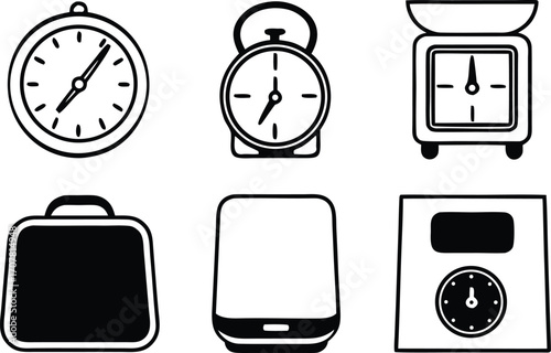 Black and White Icon Set Featuring Time Management Scales and Organization Tools representing business efficiency and personal productivity for project management vector illustration