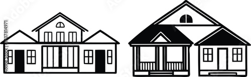 Black and White Line Art Illustration of Two Houses Different Architectural Styles Real Estate Property Concept Home Design Vector Graphic