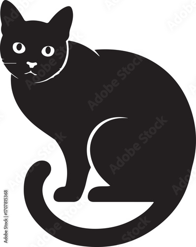 Stylized black cat silhouette sitting elegantly with curled tail and wide eyes