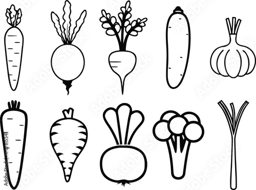 Black and White Line Art Vegetable Collection for Healthy Eating and Culinary Designs Nutrition and Fresh Produce