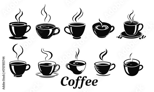 Hot coffee cups set, steaming coffee icons, black coffee silhouette, espresso mug vector, cafe drink symbols