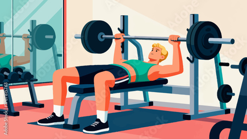 Working out with barbells in the gym, hand-drawn vector illustrations
