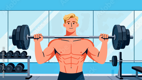 Working out with barbells in the gym, hand-drawn vector illustrations