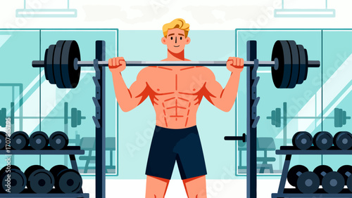 Working out with barbells in the gym, hand-drawn vector illustrations