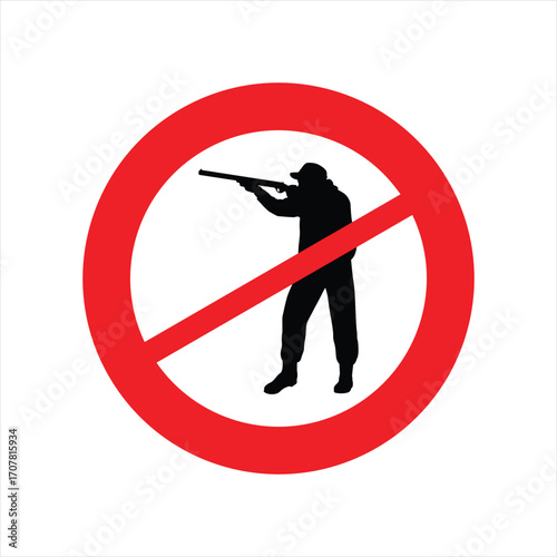 No hunting or shooting sign with a silhouette of a hunter holding a rifle.