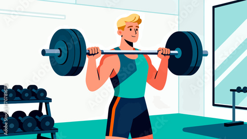 Working out with barbells in the gym, hand-drawn vector illustrations