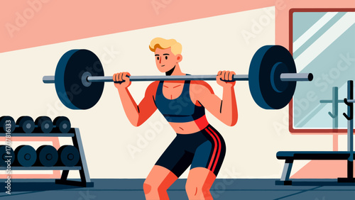 Working out with barbells in the gym, hand-drawn vector illustrations