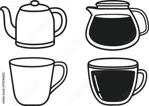 Black and White Tea and Coffee Line Art Illustration for Prints and Web Design Projects for Tea or Coffee Drinkers