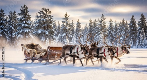 A sleigh pulled by reindeer speeds through a snowy landscape with a forest backdrop under a cloudy sky