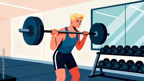Working out with barbells in the gym, hand-drawn vector illustrations