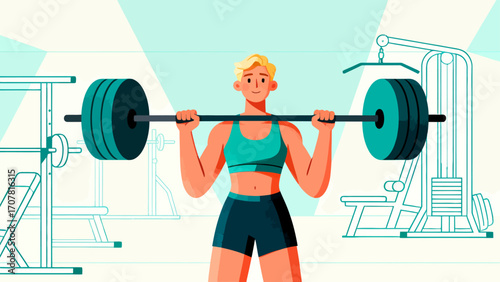 Working out with barbells in the gym, hand-drawn vector illustrations