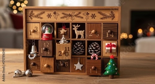 A wooden advent calendar, filled with festive figurines, sits atop a wooden table. The background features a blurry fireplace scene