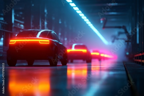 The row of cars is in a futuristic factory with bright lighting.