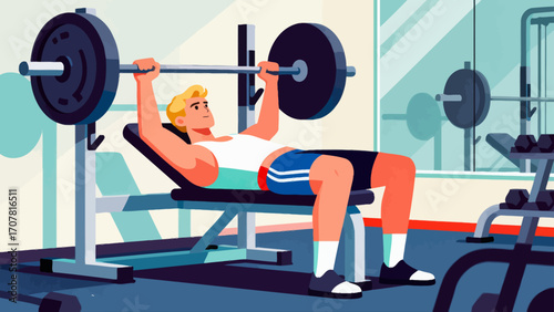 Working out with barbells in the gym, hand-drawn vector illustrations