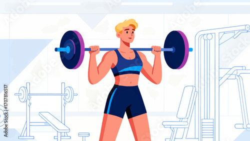 Working out with barbells in the gym, hand-drawn vector illustrations