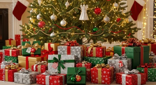 Christmas tree with bright lights. Stacked gifts below it, stockings on mantle, cozy, festive