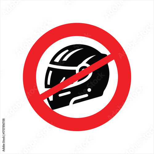 Prohibition sign depicting a motorcycle helmet, indicating that helmets are not allowed.