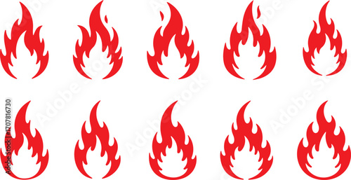 Collection of vibrant red fire flame illustrations on transparent background