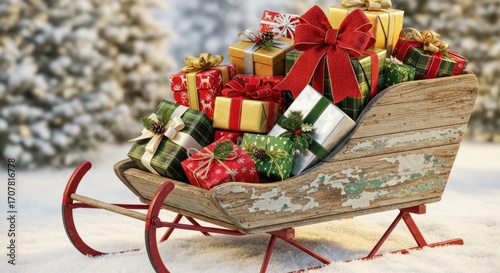 A weathered wooden sled, overflowing with colorful, wrapped presents and bows, sits in snowy landscape with blurred trees