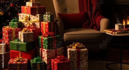 A cozy Christmas scene gifts stacked high near an armchair, a warm fire glows, and a cup steams