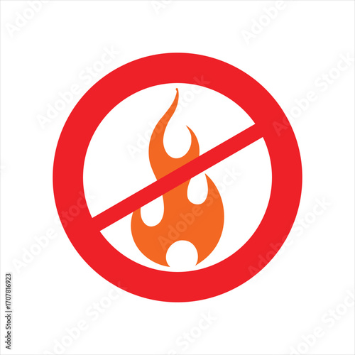 Red circle prohibition sign with a graphic of a flame crossed out, indicating no fire allowed.